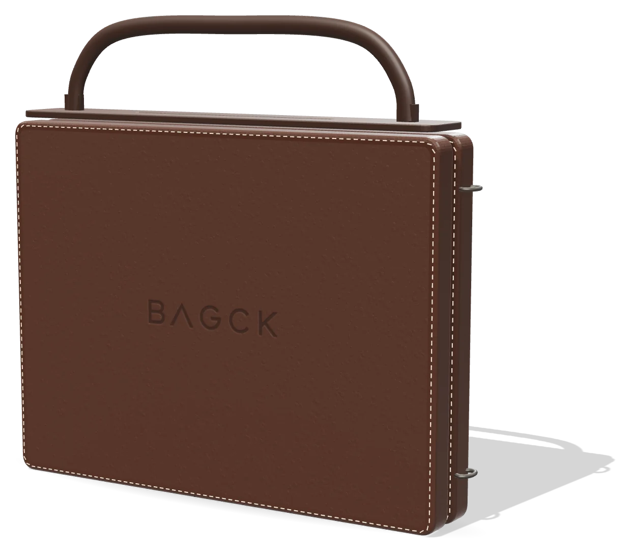 Bagck closed: espresso vegan-leather sleeve with top handle