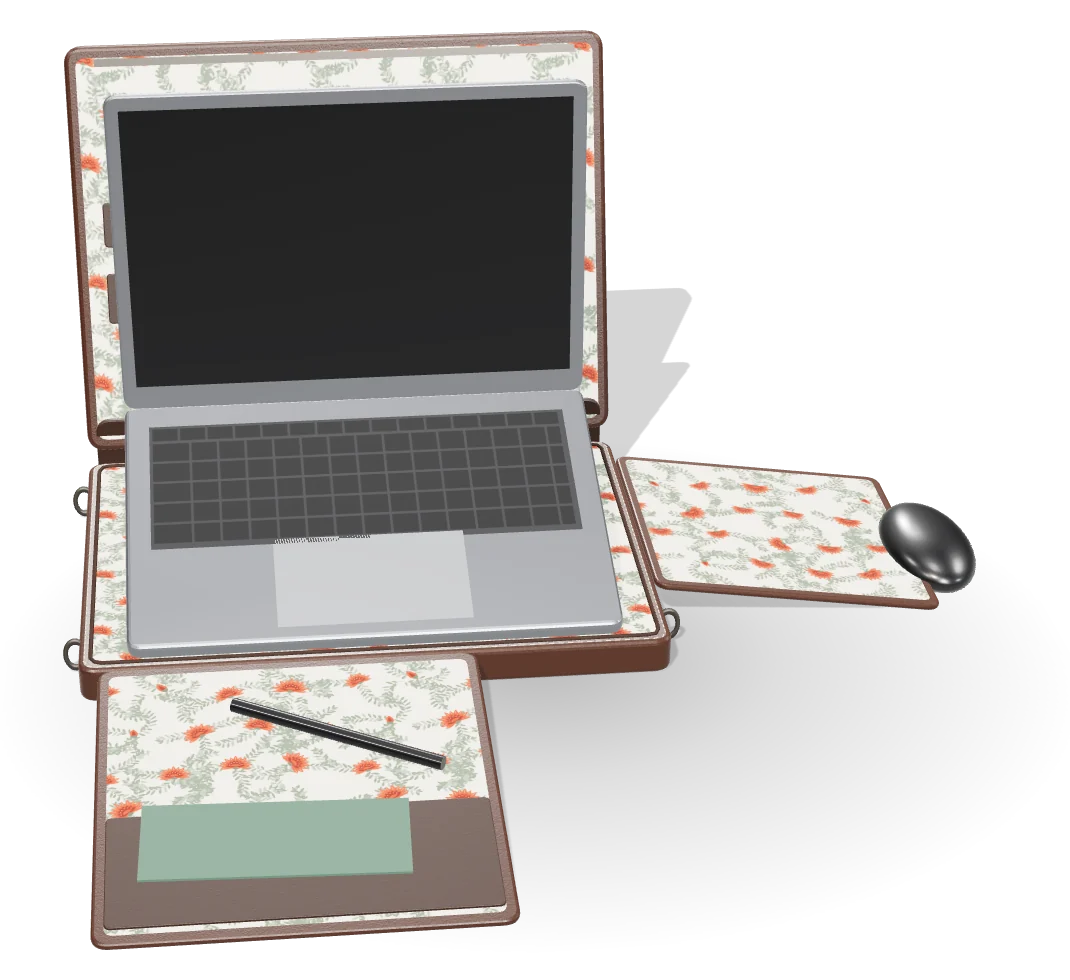 Bagck open: laptop raised, mouse pad and notebook panel folded out