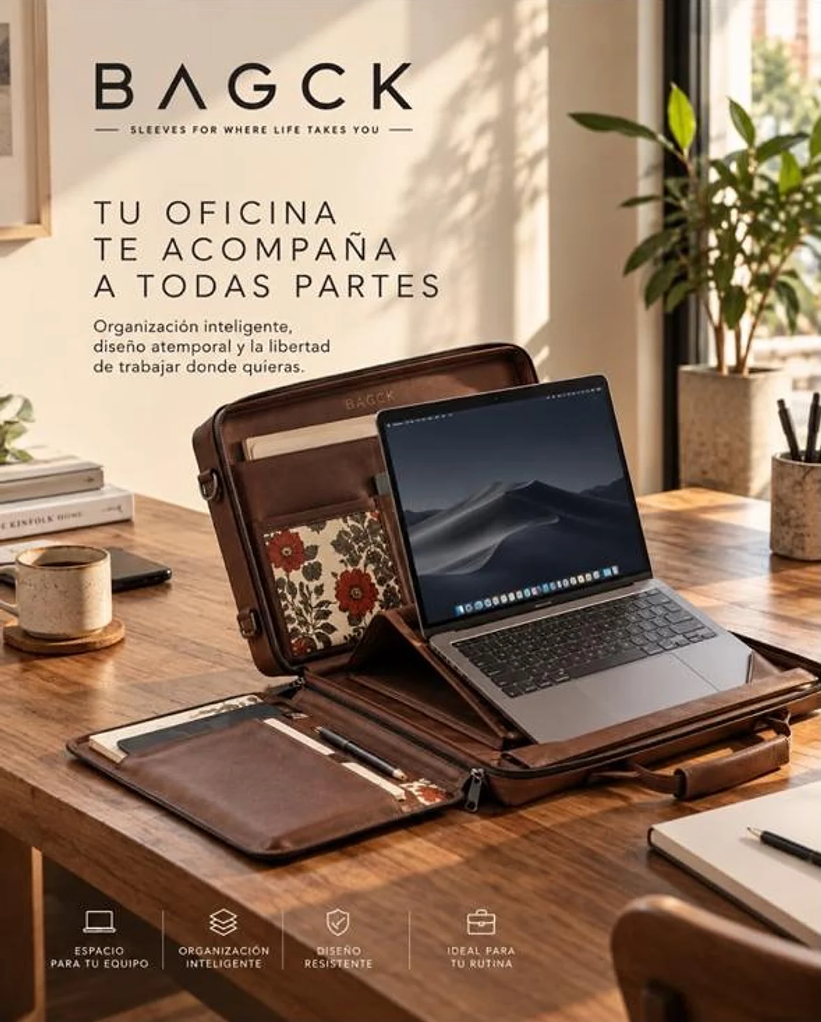 Bagck open on a wooden desk: laptop raised on the built-in riser, block-print pocket, notebook panel and pen.